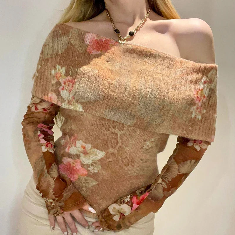 Mori Girl Off Shoulder Floral Knit Top
