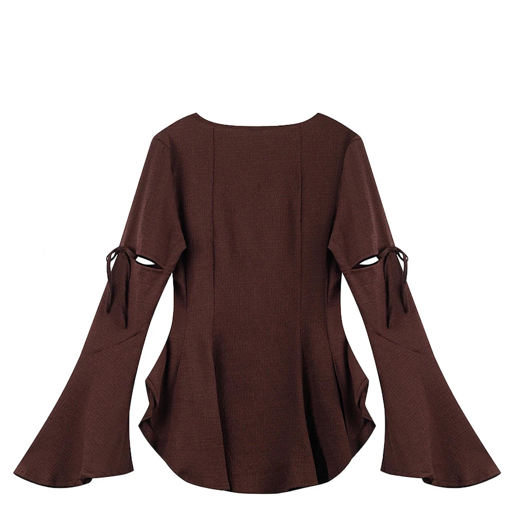 Dark Cottagecore Slashed Bell Sleeve Blouse in Deep Mahogany