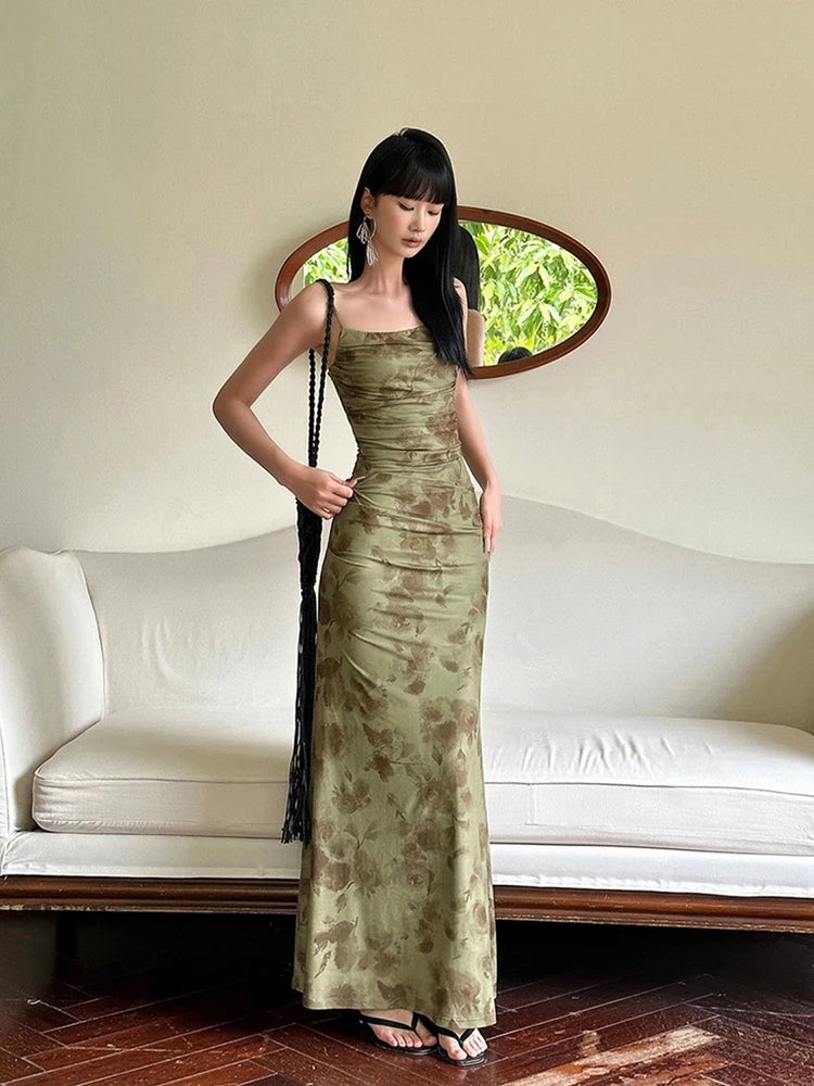 Retro Olive Ruched Floral Maxi Dress