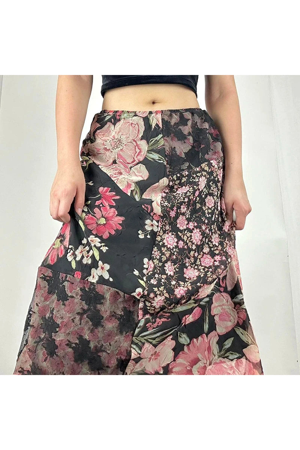 Goblincore Patchwork Floral Midi Skirt cottagecoreclothes