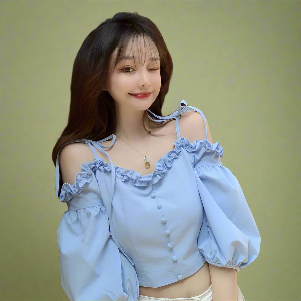 Romantic Puff Sleeve Tie-Shoulder Blouse cottagecoreclothes