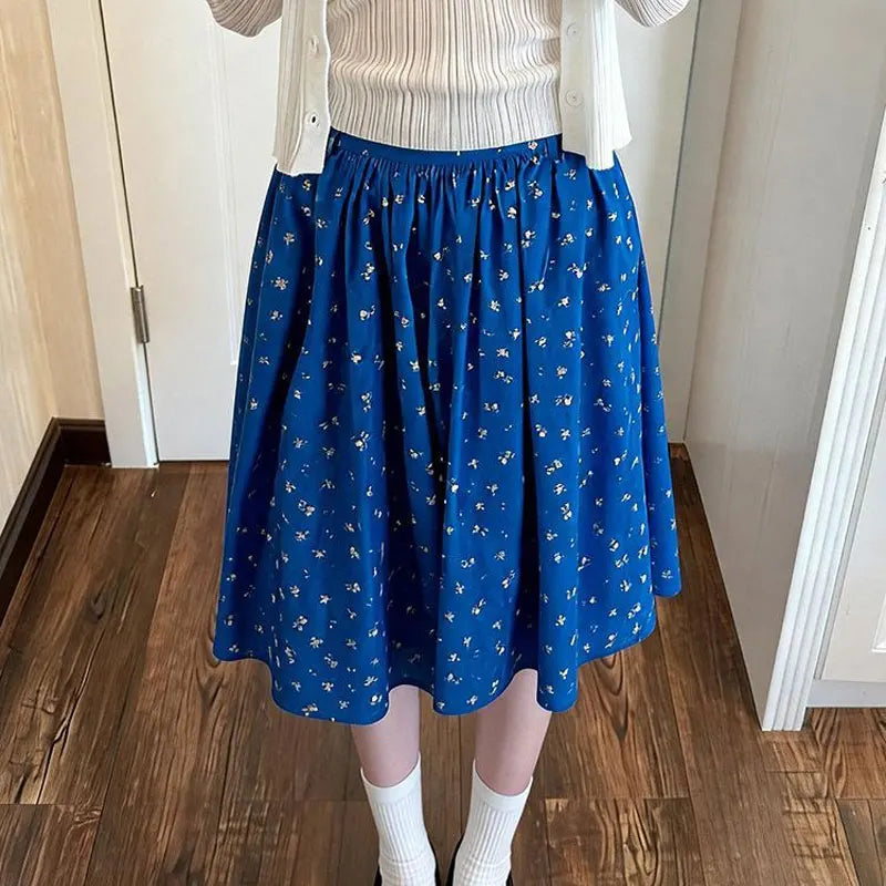 Vintage Aesthetic Cobalt Wildflower Midi Skirt