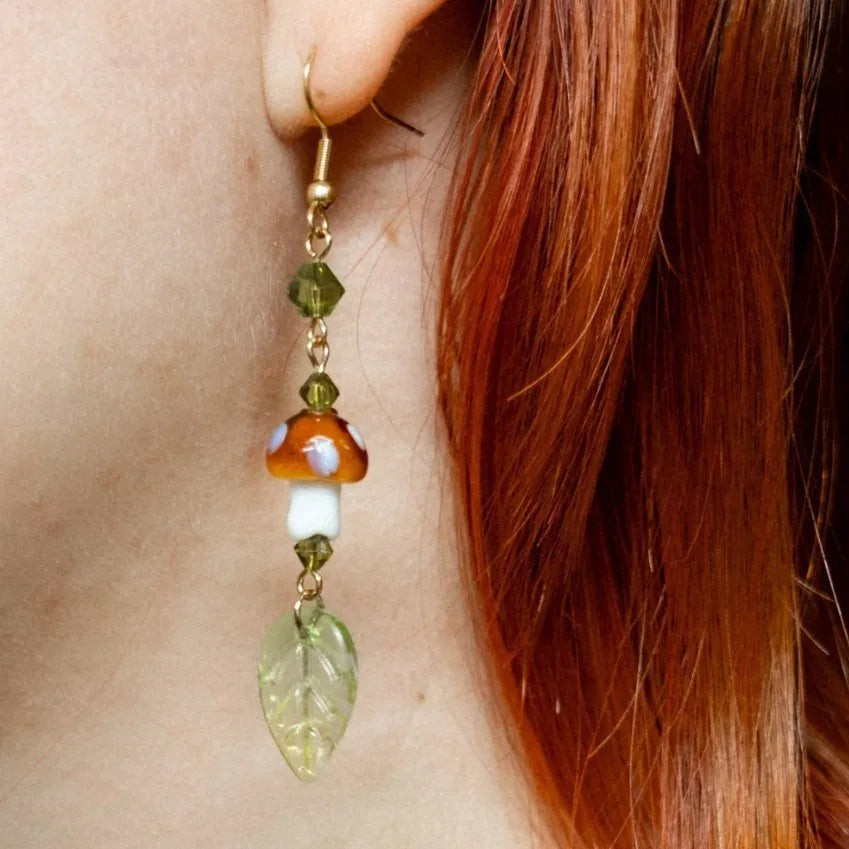 Goblincore Mushroom & Leaf Crystal Drop Earring