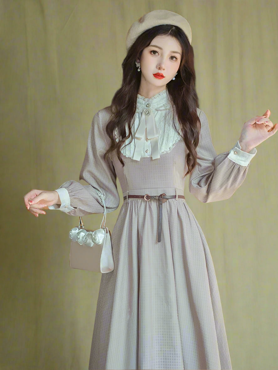 Vintage Elegant High Neck Midi Dress cottagecoreclothes