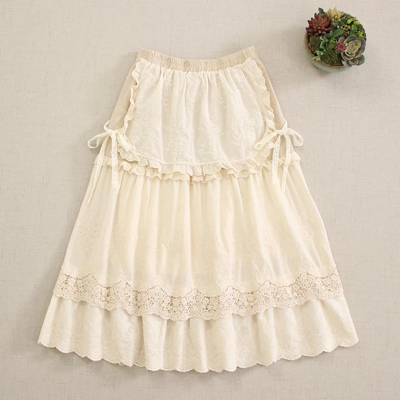 Mori Girl Lace-Tiered Midi Skirt