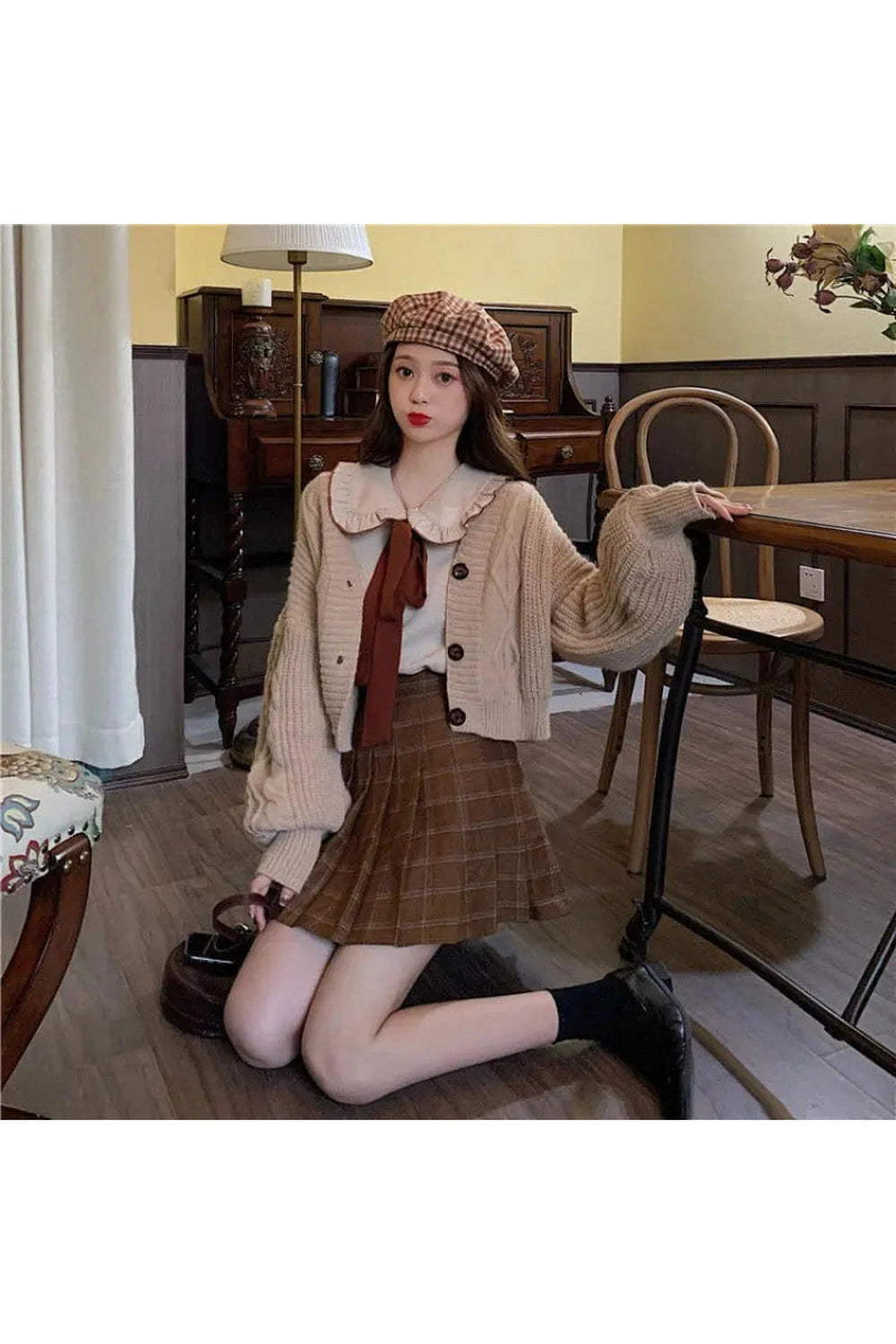 Mori Girl Bow Tie Plaid Outfit Set cottagecoreclothes