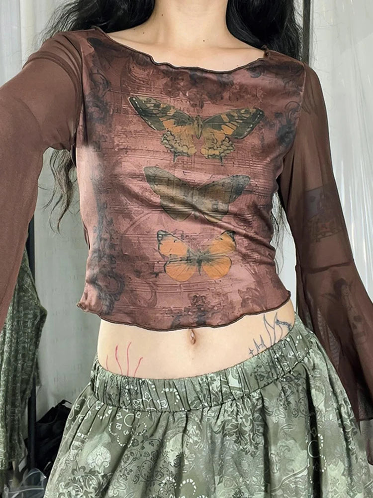 Fairycore Rusted Wings Mesh Bell Sleeve Blouse cottagecoreclothes