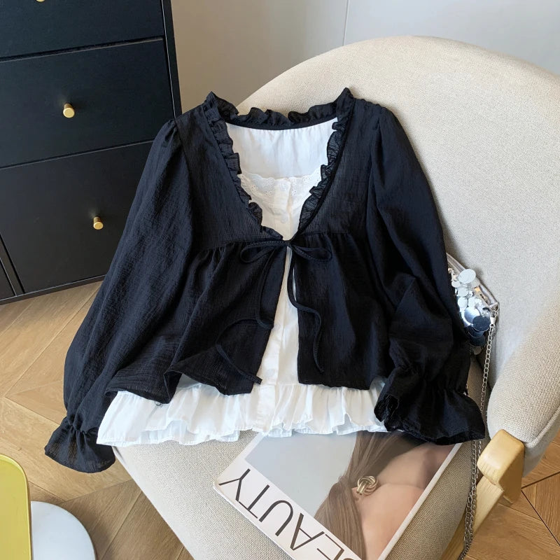 Mori Girl Layered Ruffle Tie-Front Shirt
