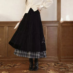 Corduroy Plaid Bow Long Skirt