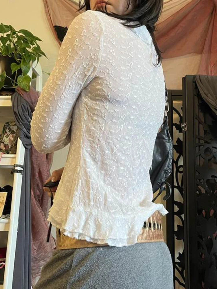 Fairycore Sheer Ruffled Button-Up Blouse cottagecoreclothes