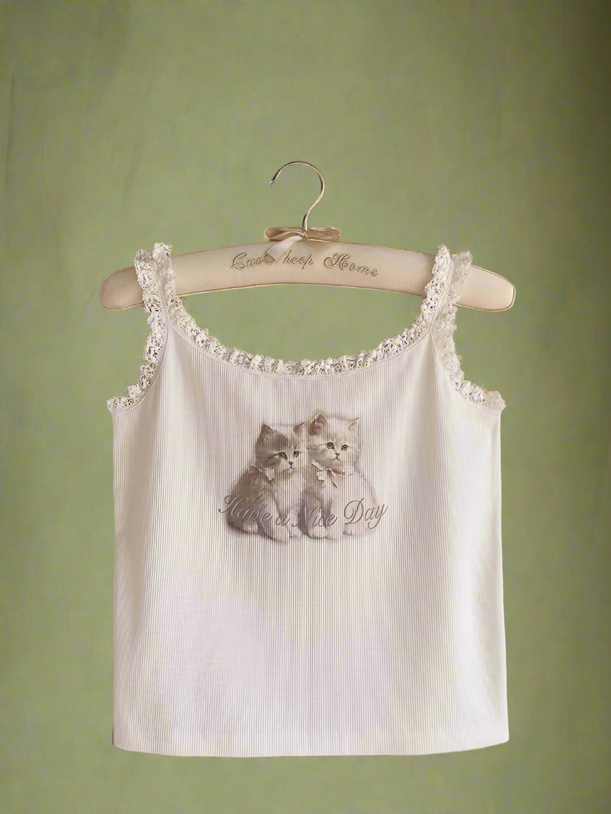 Vintage Aesthetic Cat Print Tank Top cottagecoreclothes