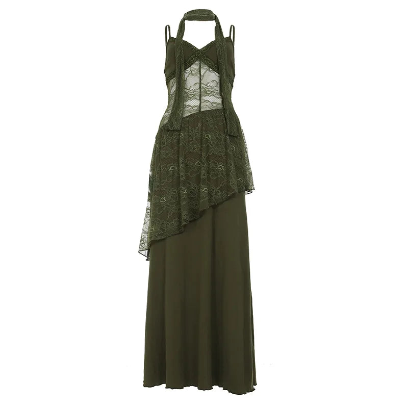 Fairy Grunge Moss Lace Halter Maxi Dress