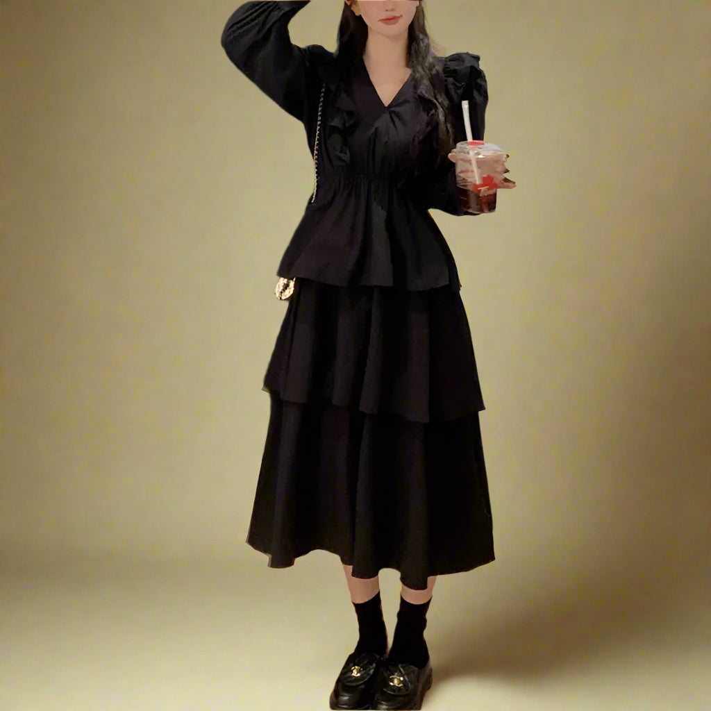 Vintage Black Tiered Ruffle Midi Dress cottagecoreclothes
