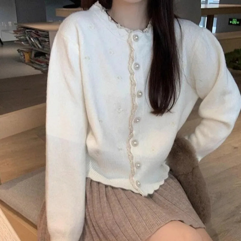 Fairycore Ivory Pearl Daisy Knit Cardigan