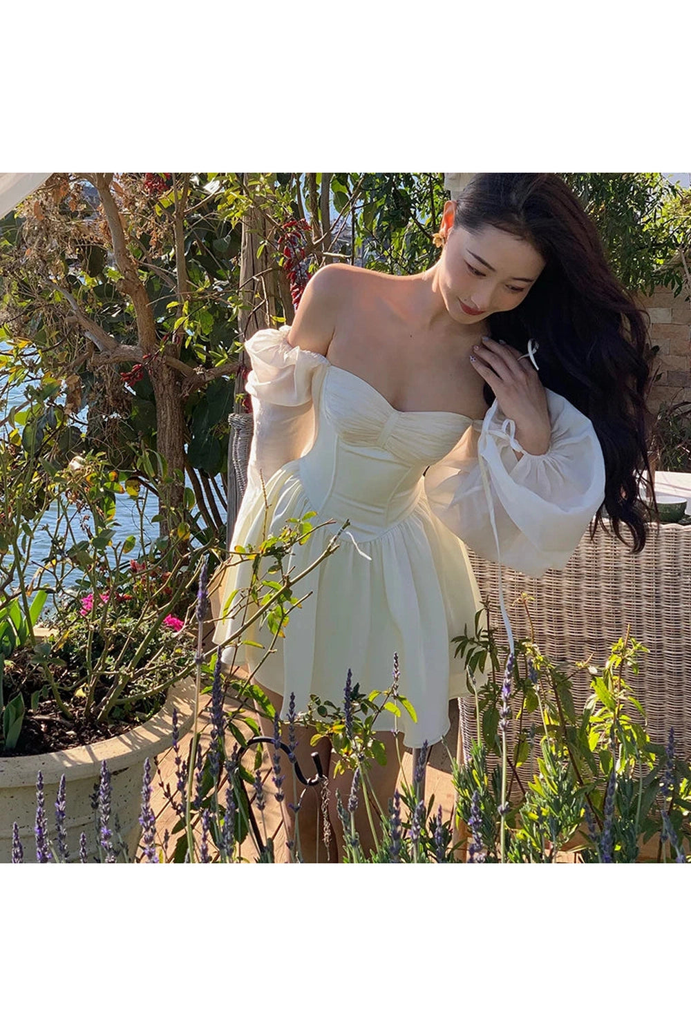 White Bubble Sleeve Dress cottagecoreclothes