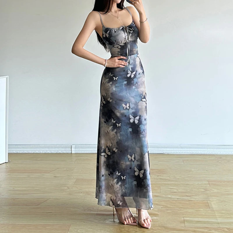 Fairycore Butterfly Print Bodycon Maxi Dress