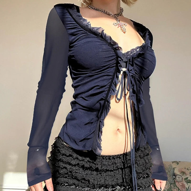 Noir Ruched Lace Blouse