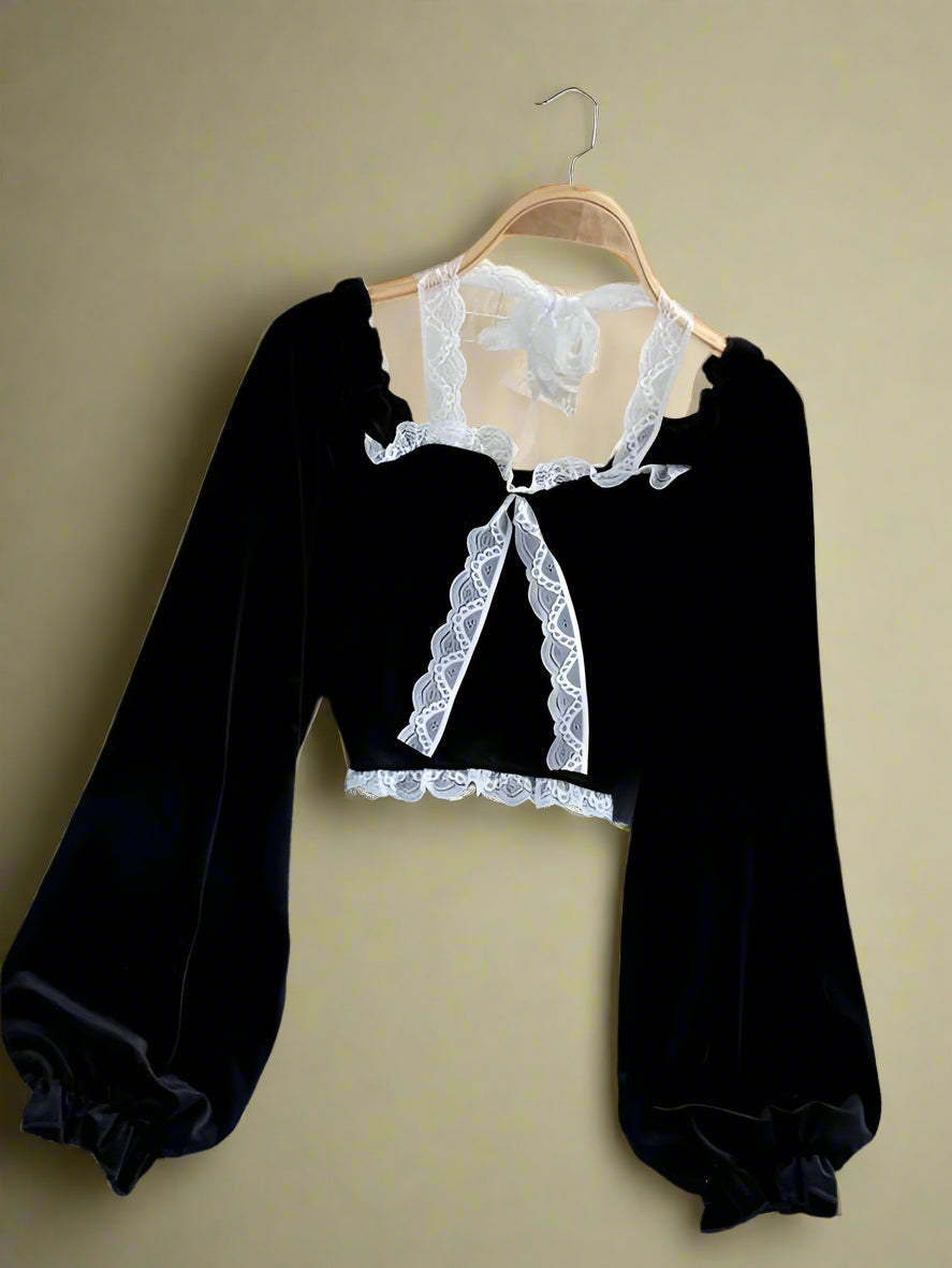 Vintage Black Velvet Bow-Tie Lace Top cottagecoreclothes