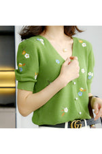 Retro Embroidered V-Neck Fall Sweater cottagecoreclothes