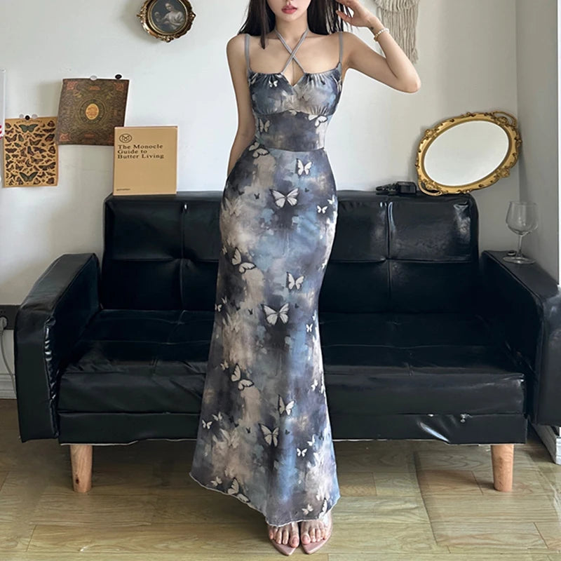 Fairycore Butterfly Print Bodycon Maxi Dress