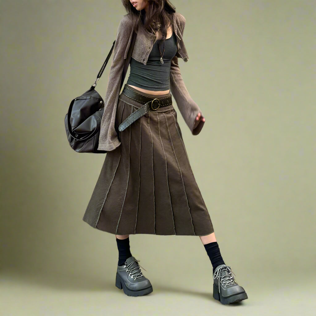 Goblincore Brown Panel Midi Skirt cottagecoreclothes