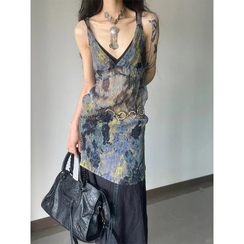 Goblincore Sheer Painterly Layered Dress