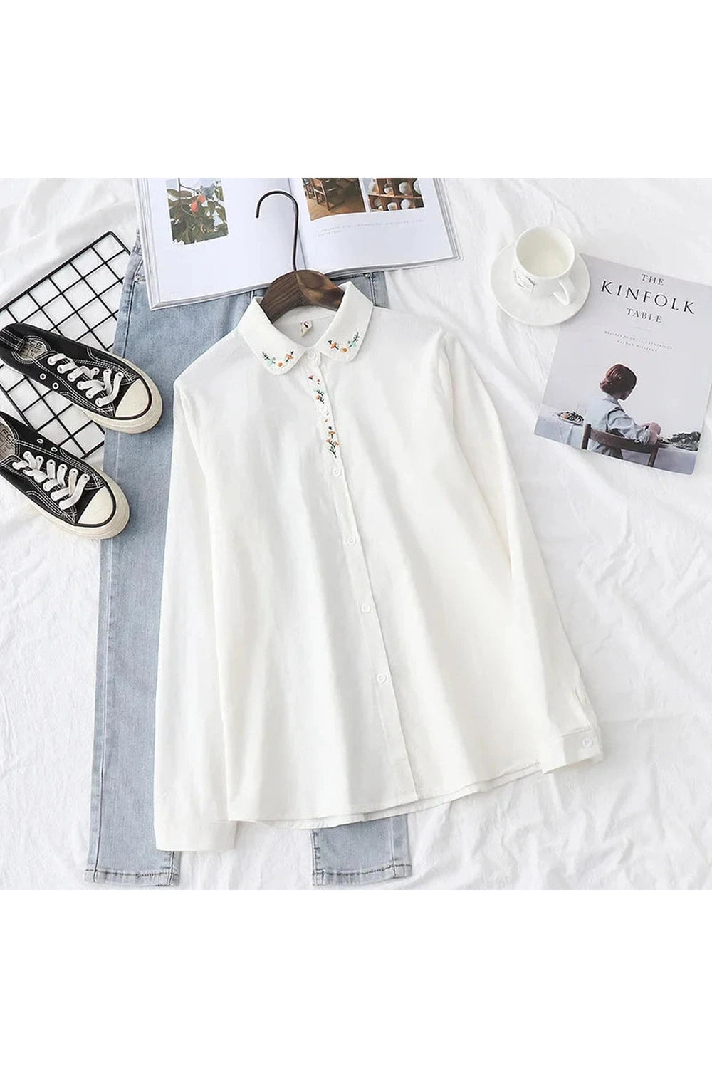 Embroidered Corduroy White Shirt cottagecoreclothes