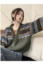 Lace-up V-neck Fall Sweater cottagecoreclothes