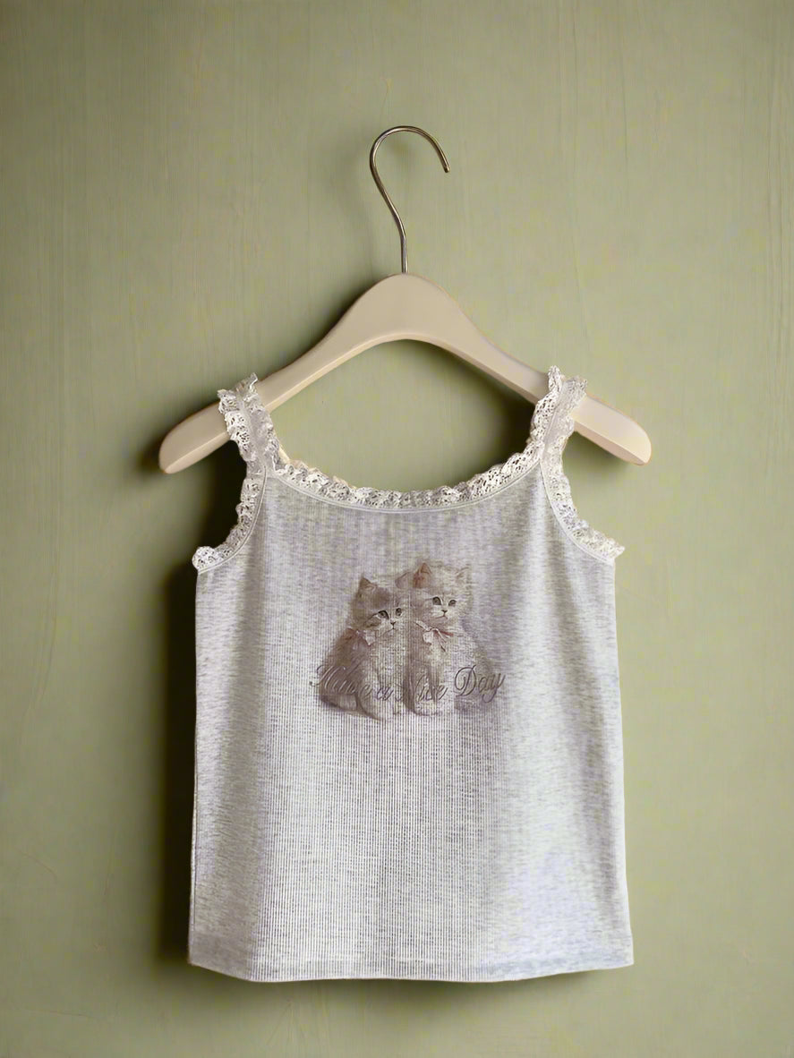 Vintage Aesthetic Cat Print Tank Top cottagecoreclothes
