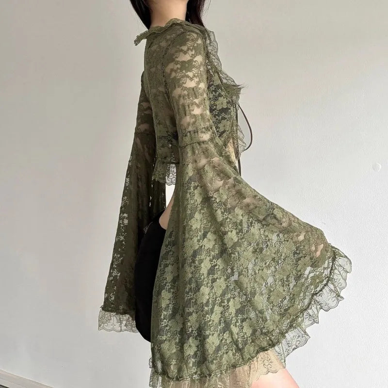 Fairycore Moss Garden Lace Flare-Sleeve Crop Top