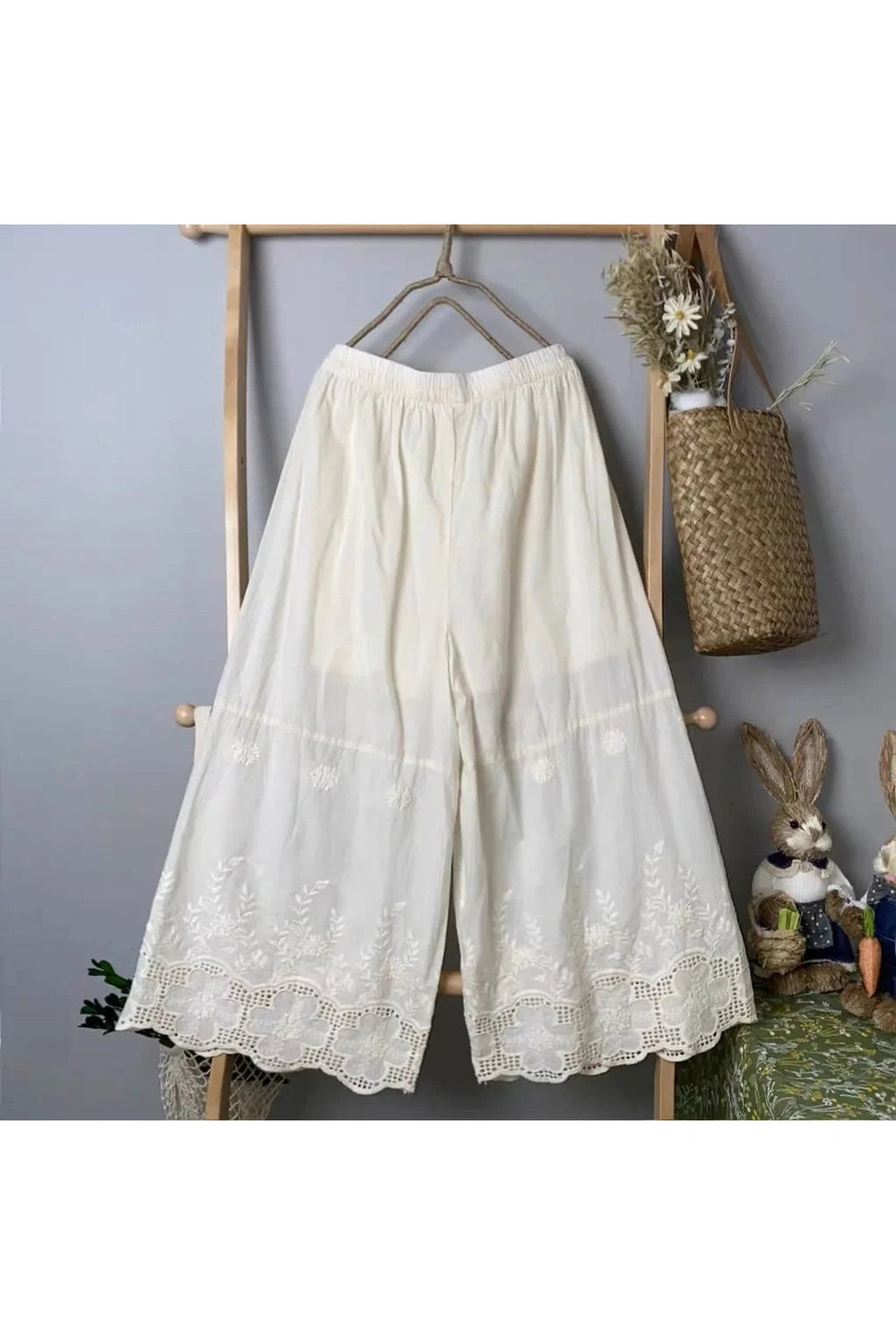 Fairycore Lace Hem Wide-Leg Pants cottagecoreclothes