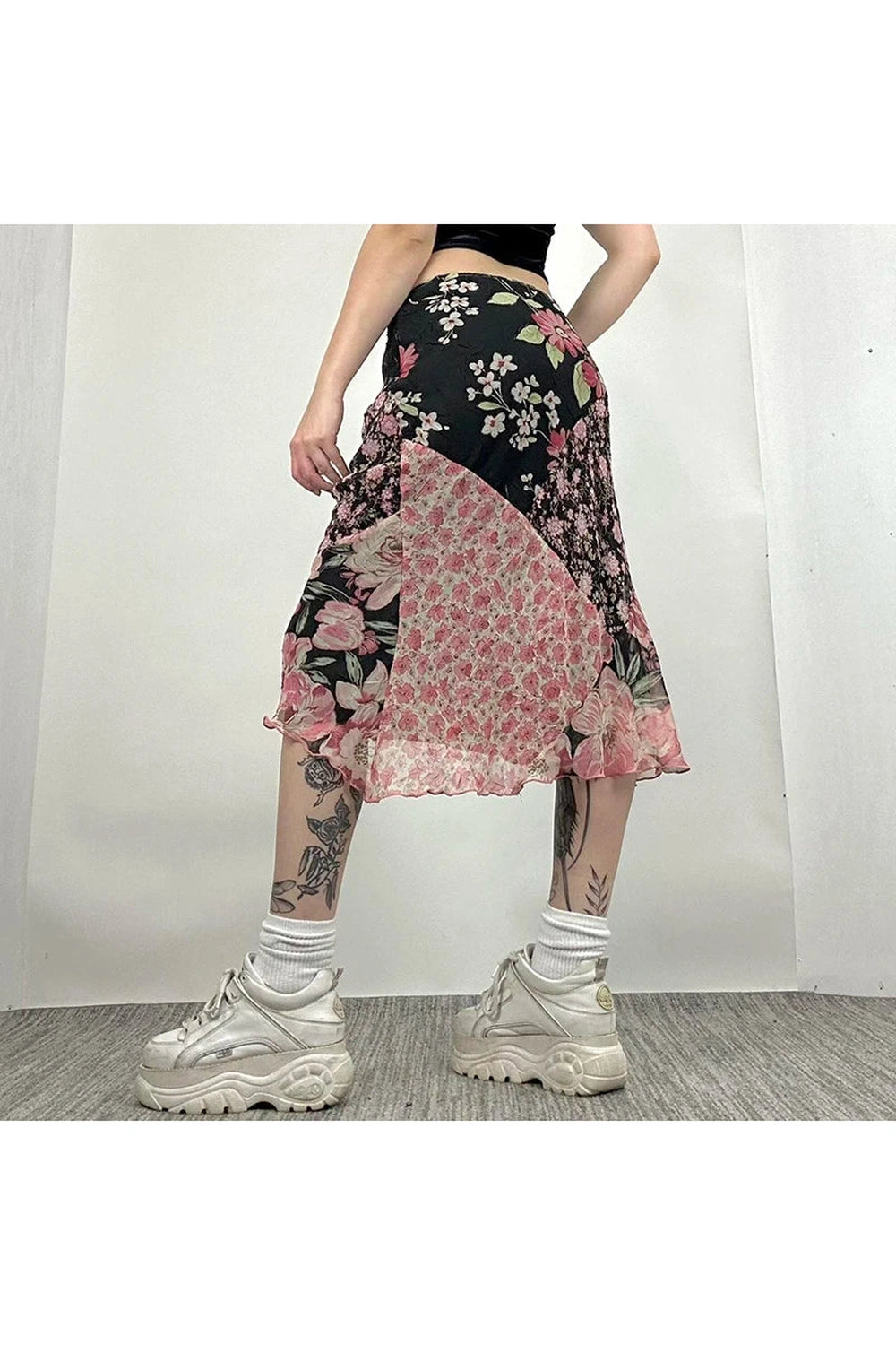 Goblincore Patchwork Floral Midi Skirt cottagecoreclothes