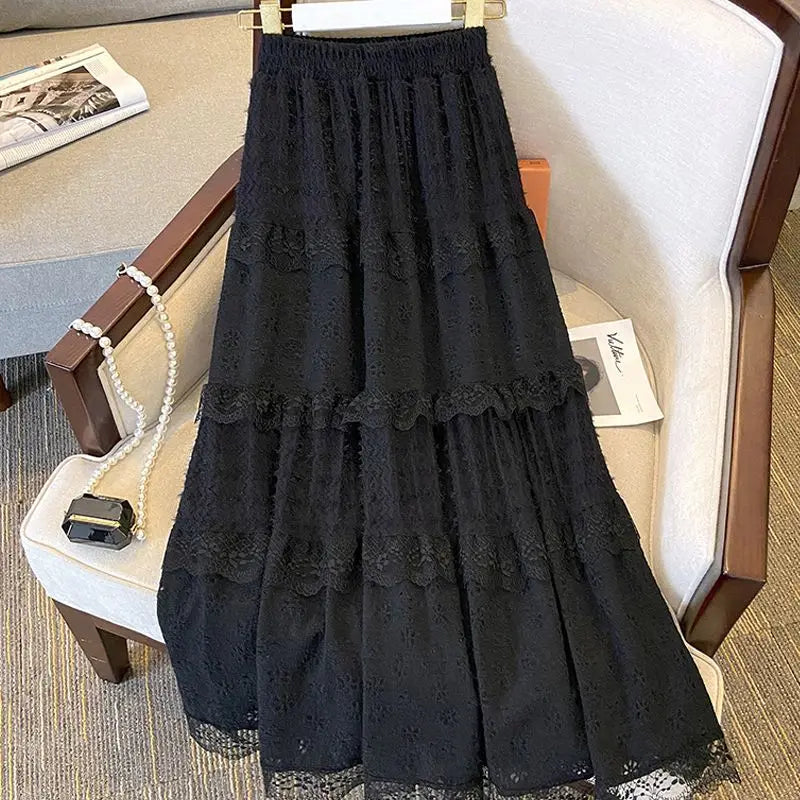 French Hollow Out Lace Maxi Skirt