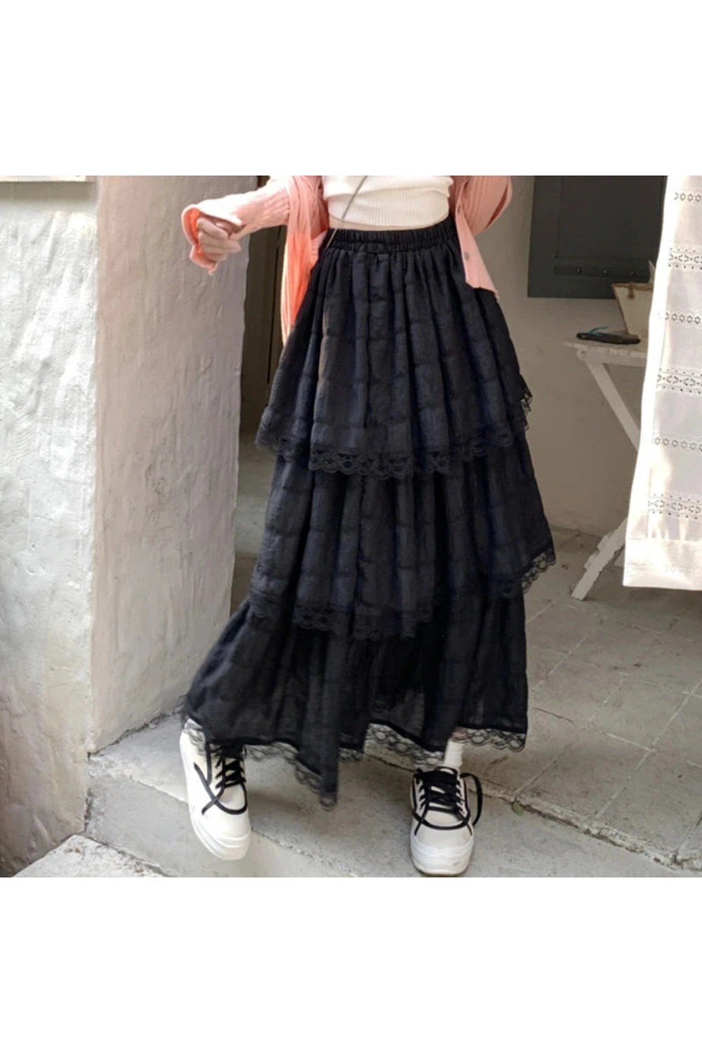 Black White High Low Skirt cottagecoreclothes