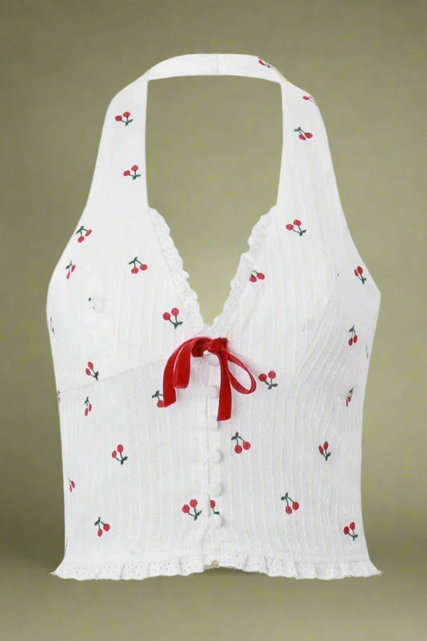 Cherry Blossom Lace-Up Halter Top cottagecoreclothes