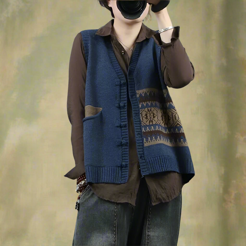 Vintage Folk Style Pocketed Sweater Vest cottagecoreclothes