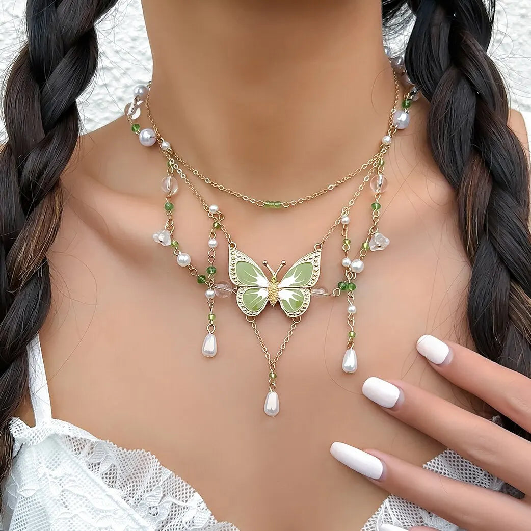 Fairycore Moss Butterfly Layered Pearl Necklace