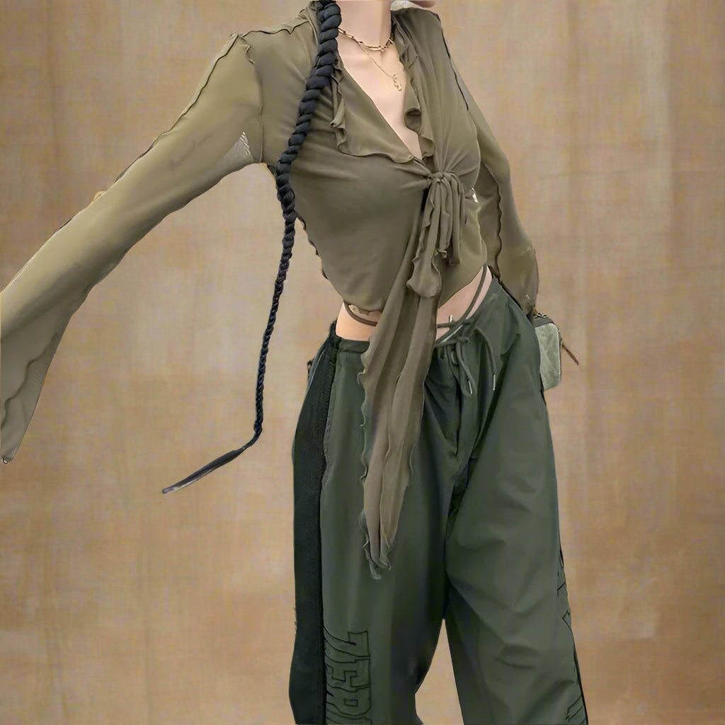 Fairycore Ruffled Tie-Front Sheer Blouse cottagecoreclothes