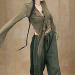 Fairycore Ruffled Tie-Front Sheer Blouse cottagecoreclothes