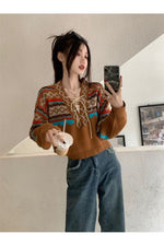 Lace-up V-neck Fall Sweater cottagecoreclothes