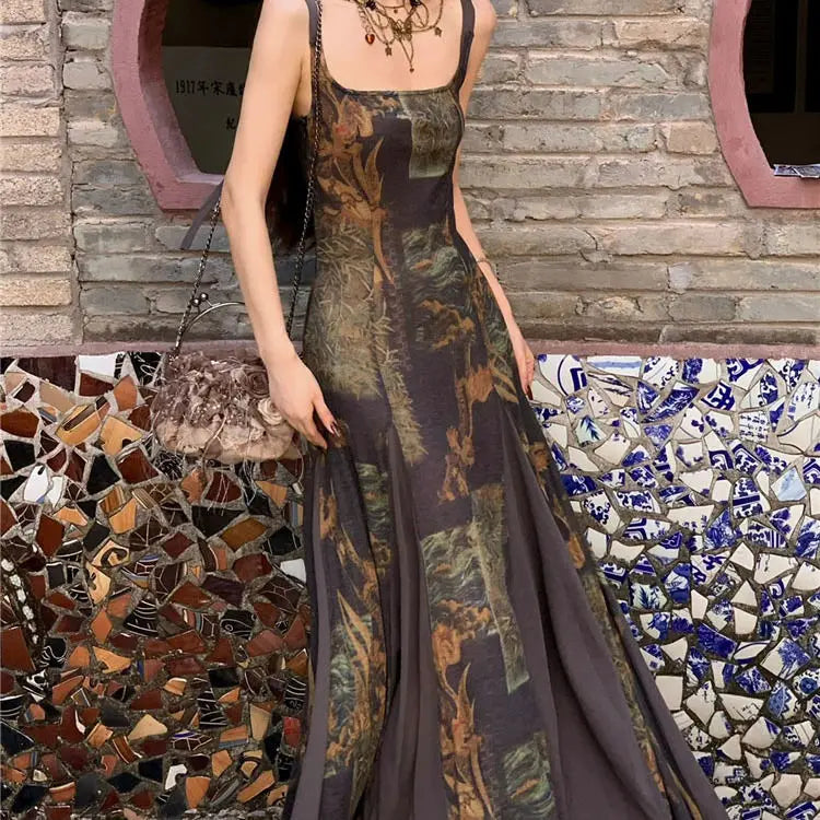 Goblincore Forest Print Boho Maxi Dress