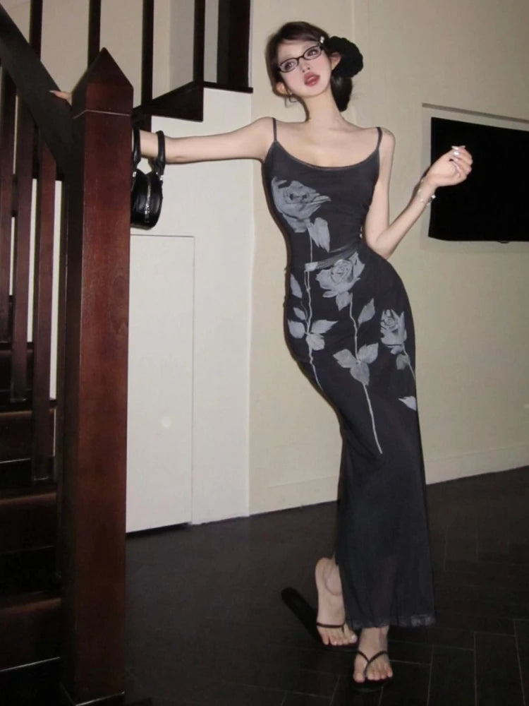 Robe moulante sans manches à imprimé rose Gothiccore