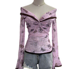Fairycore Off-Shoulder Floral Mesh Top cottagecoreclothes