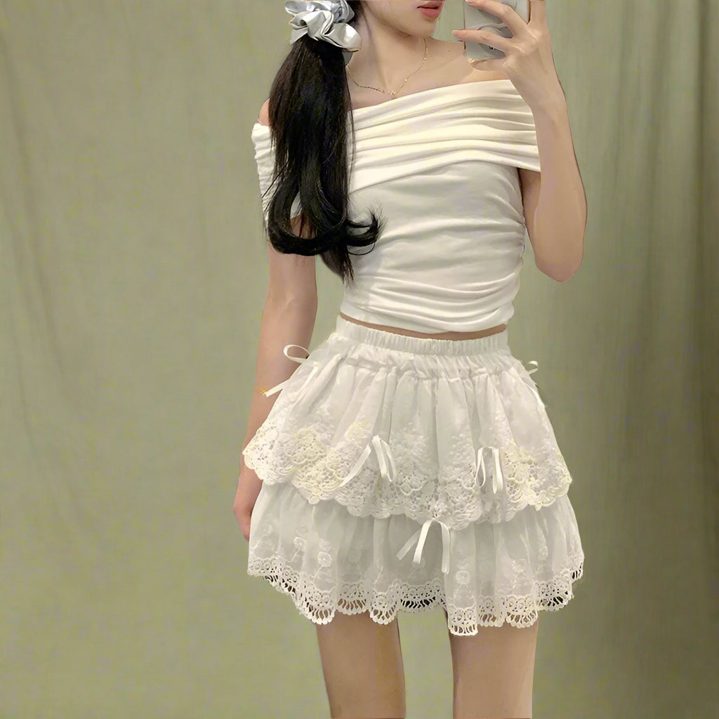 Fairycore White Lace Tiered Mini Skirt cottagecoreclothes