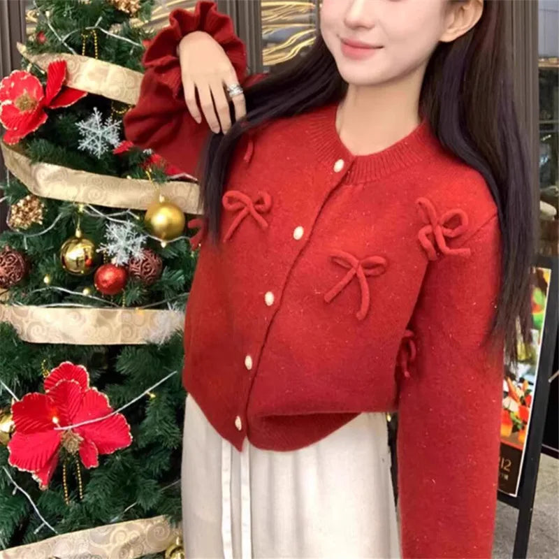Princess Aesthetic Ivory Bow Knit Cardigan