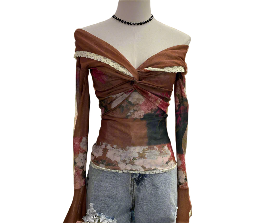 Fairycore Off-Shoulder Floral Mesh Top cottagecoreclothes