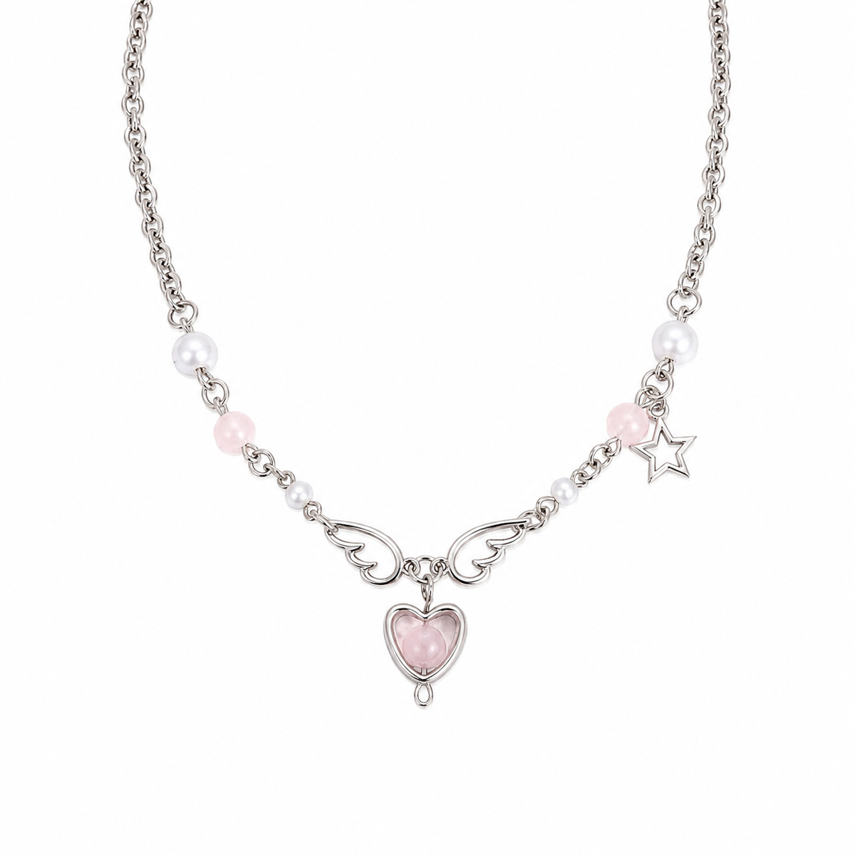 Fairycore Angel Wing Heart Stone Necklace with Pearl & Star Charms