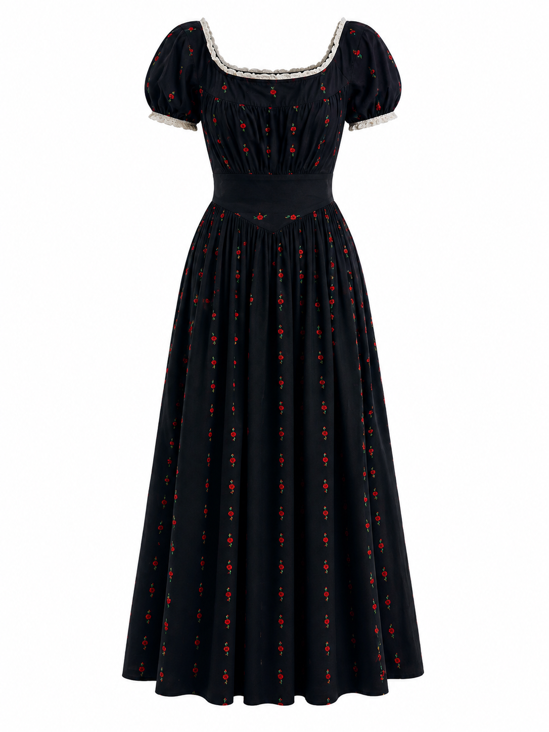 Dark Cottagecore Crimson Rose Puff Sleeve Maxi Dress Black / S