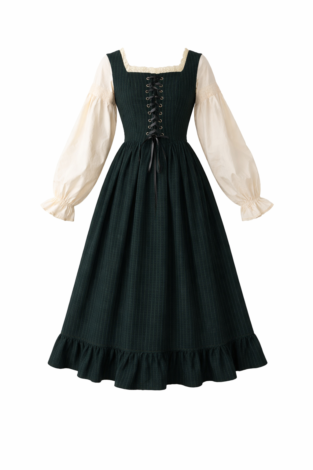 black cottagecore dress Dark Cottagecore Pinstripe Lace-Up Midi Dress