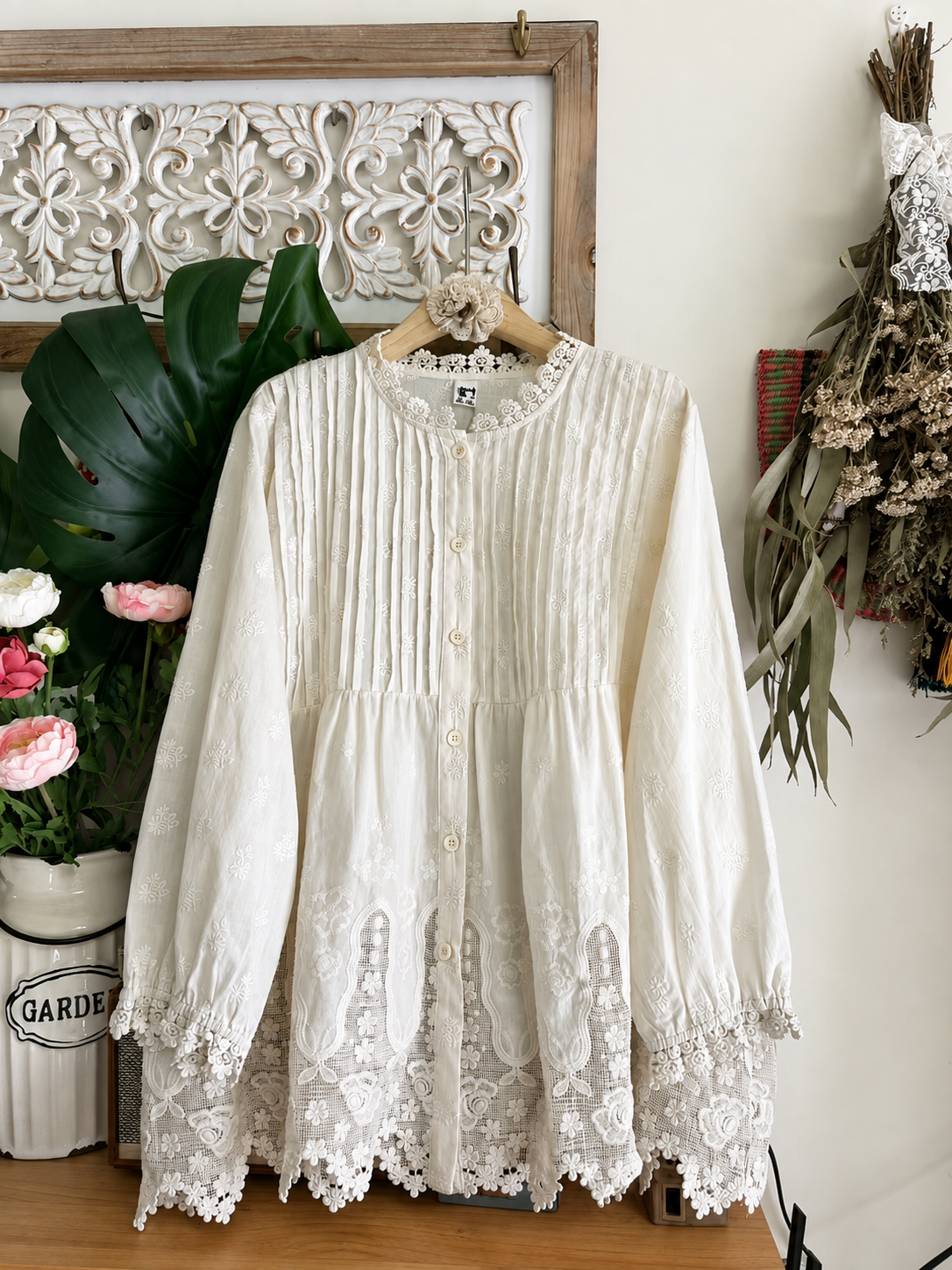 Mori Girl Ivory Pintuck Lace Hem Shirt